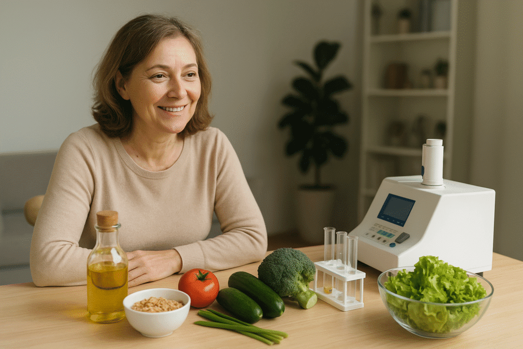 Mujer sonriente sentada frente a una mesa con verduras frescas y un equipo de análisis de laboratorio de DIMECAR para el control de metales en sangre